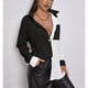 thumbnail image 2 of Camisa de mujer con botones de una sola fila, costura de Color, manga larga, bolsillo de un lado, dobladillo suelto, camisa informal para uso diario, negro, blanco, M, 2 of 7