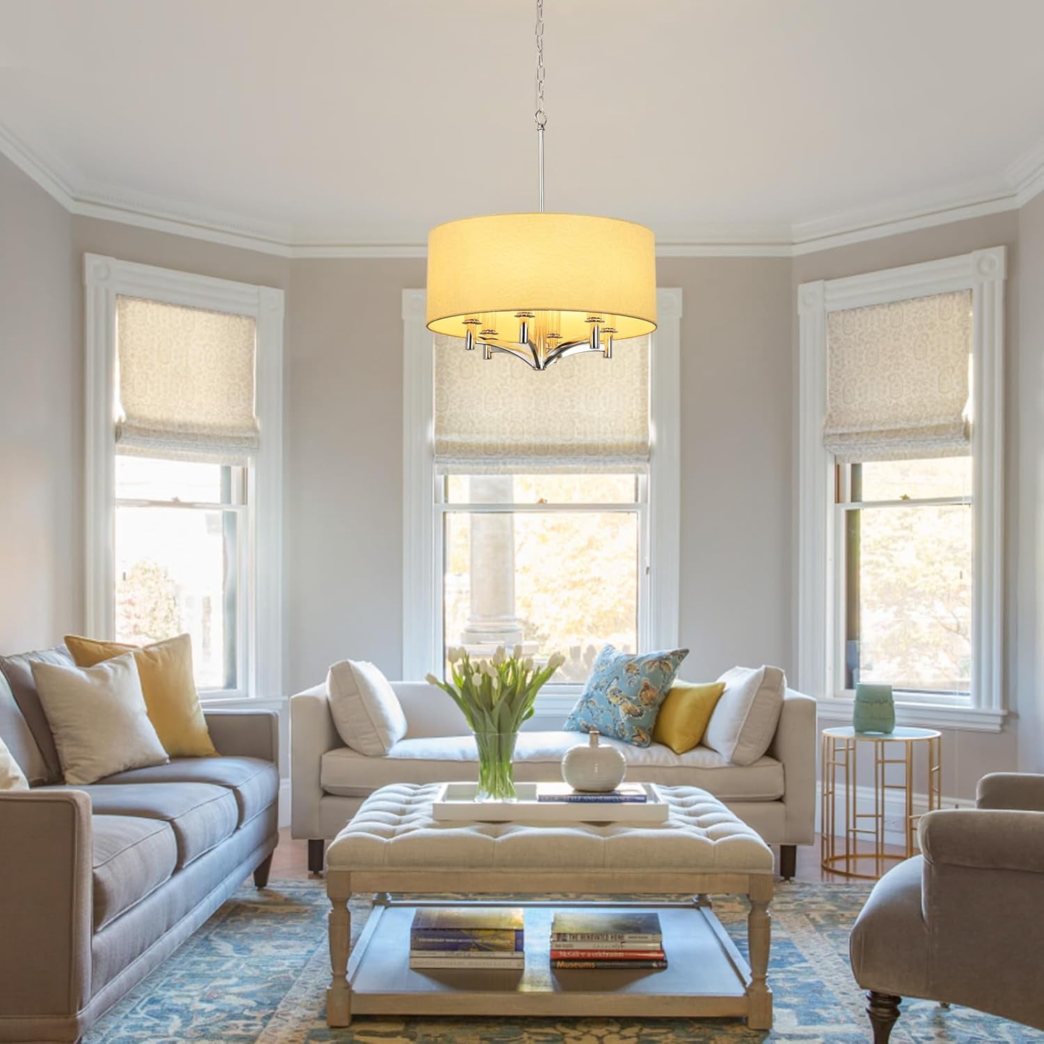 DingLiLighting 6 Light Flush Mount Ceiling Light Drum Pendant Light Brown Fabric Ceiling Light Fixture for Living Room, Dining, Bedroom, Kitchen, Hallway