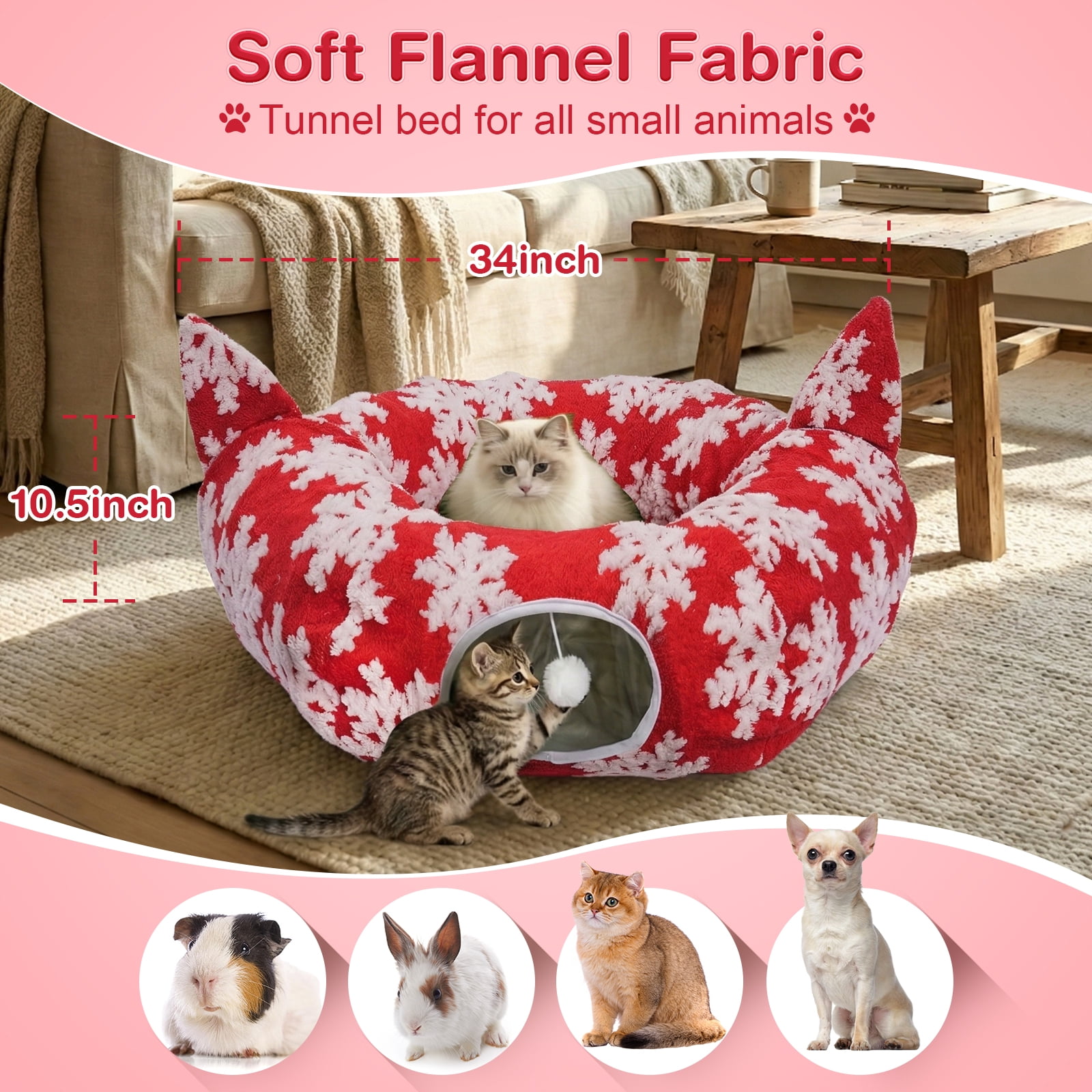 Hutact 3-in-1 Cat Tunnel with Cushion Cat Bed, 36in Cat Tunnel with Cushion Fleece Festive Red Snowflake – Detachable, Foldable, for 1-2 Cats Exercise Playing Sleeping, Red