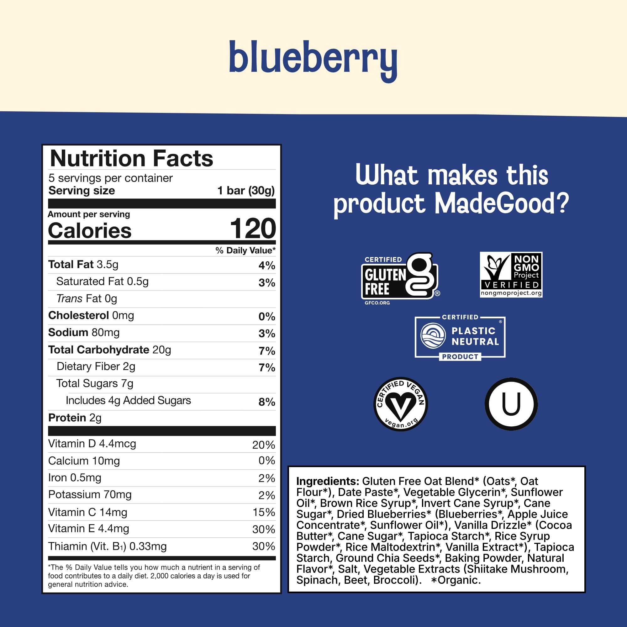 (6 pack) MadeGood Blueberry Morning Bar, 5 Healthy Breakfast Bars, 1.06 Oz Each
