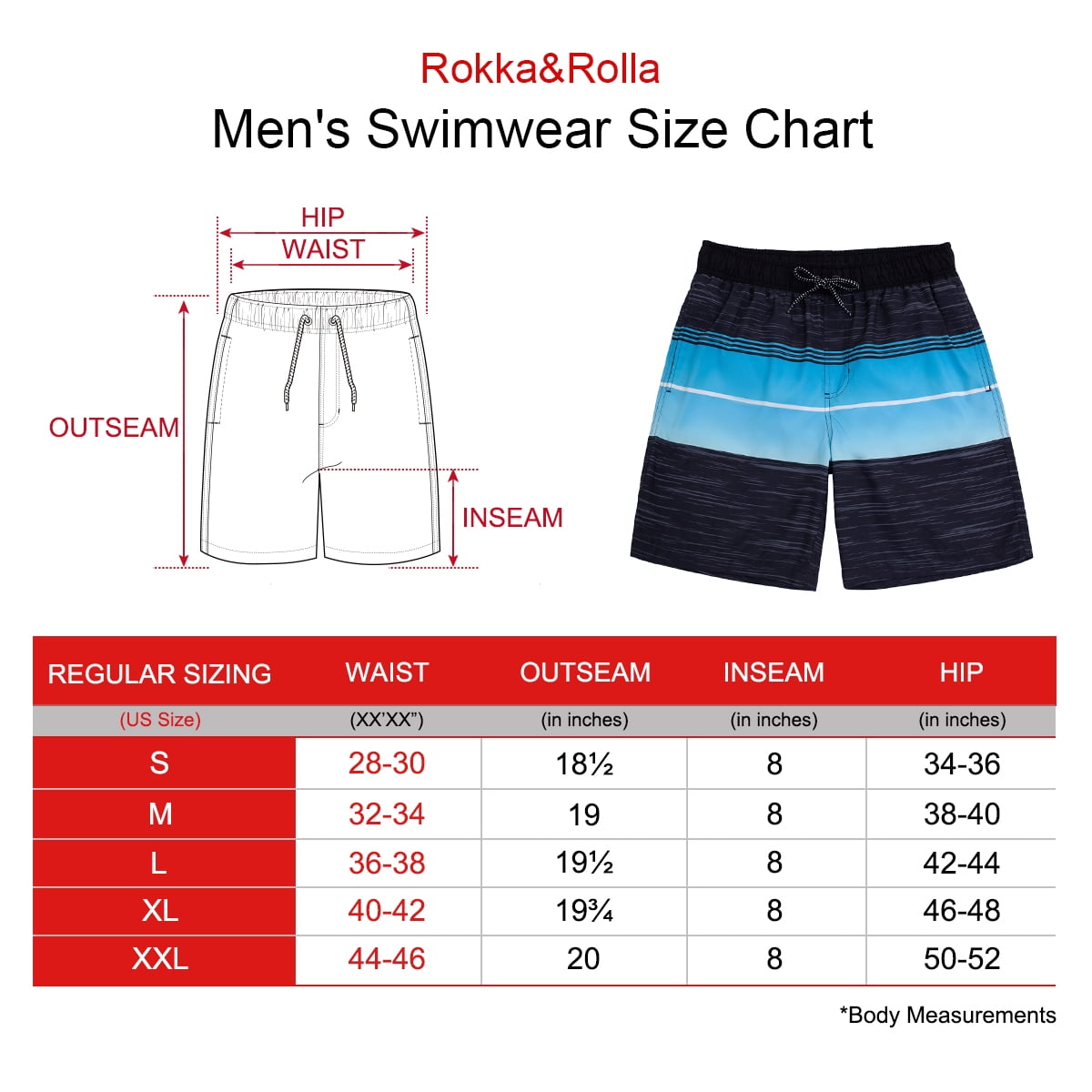 Rokka&Rolla Men's 8" Mesh Lined Swim Trunks, up to Size 2XL
