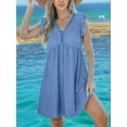 thumbnail image 3 of V-Neck Lace Trim Short-Sleeved Cardigan Dress Light Blue XL, 3 of 6