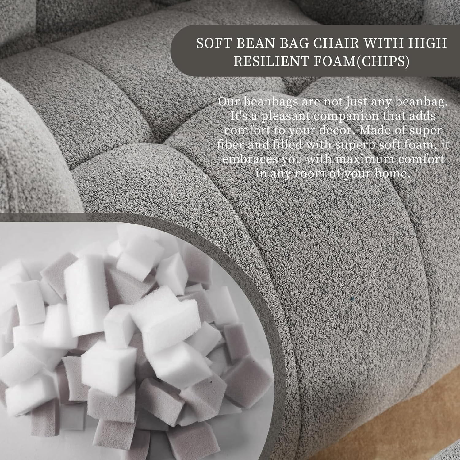 Tabaray Bean Bag Chairs with Ottoman, Bean Bag Couch for Adults, Bean Bag Sofa with High Resilient Foam, Modern Lazy Sofa Chair with Armrests for Living Room, Bedroom, Gaming Room, Apartment Grey