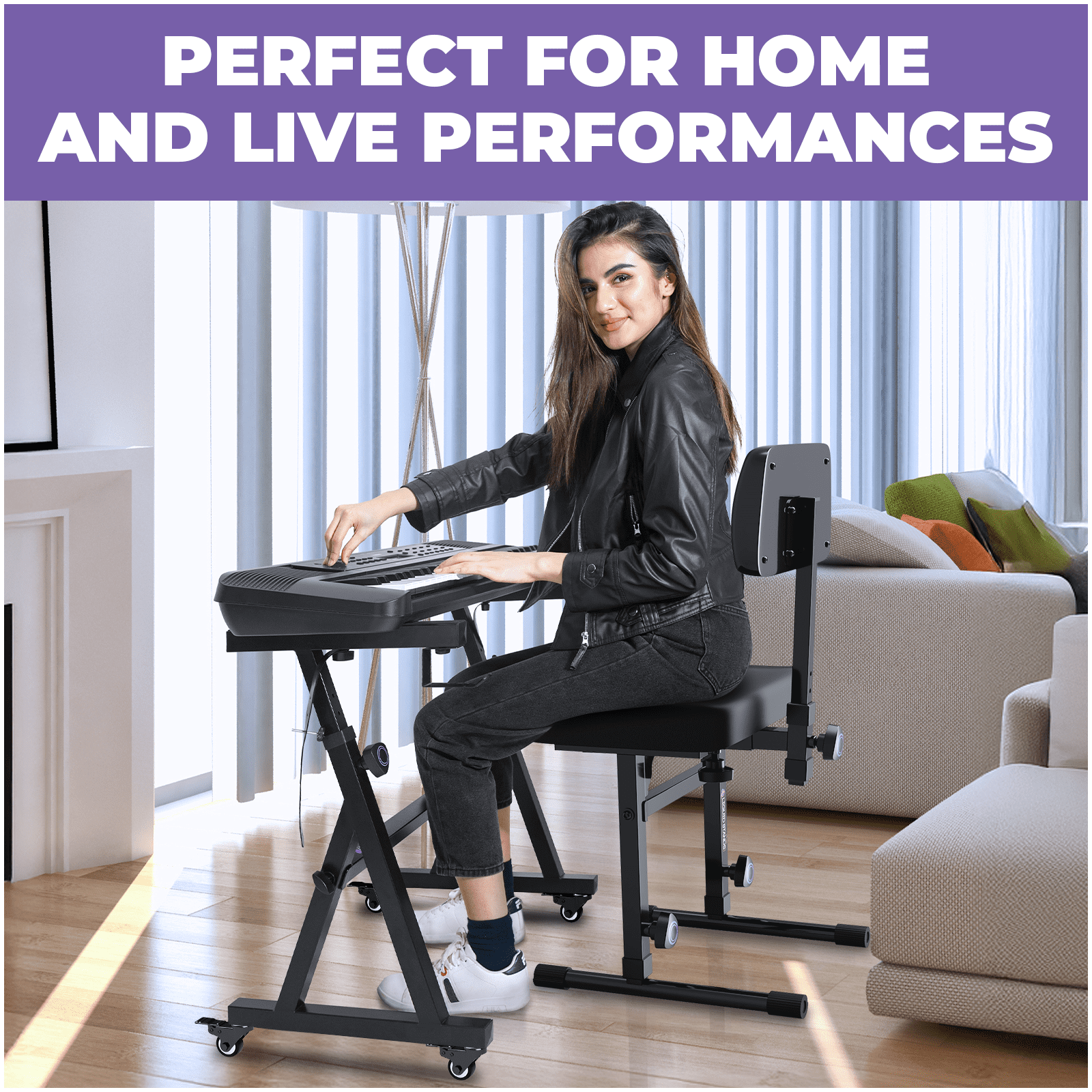 Liquid Stands Piano Keyboard Stand w/ Wheels and Bench Adjustable Stool Set - Portable Heavy Duty Digital Piano Stand for 54-88 Key Electric Piano Chair, Stool - Sturdy Keyboard Music Stand and Seat