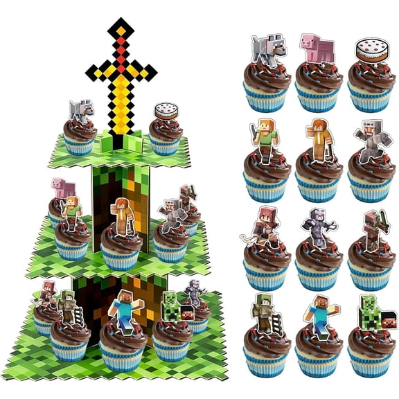 Pixel Cupcake Stand with 24 Pcs Cupcake Toppers, 3-Tier Dessert and Cupcake Holder for Gamer Birthday Party Supplies, Pixel Theme Birthday Decorations.