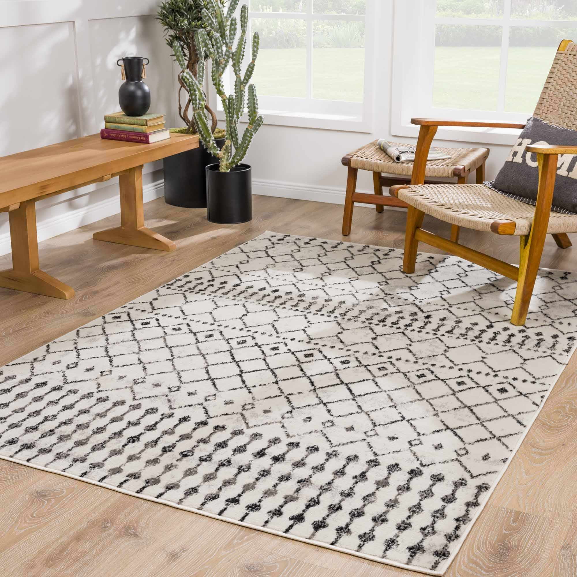Hauteloom Cowplain Farmhouse Moroccan Geometric Area Rug - Boho Aztec Tribal Carpet for Living Room, Bedroom, Dining Room - Cream, Black, Beige, Gray - 6'7" Square Rug