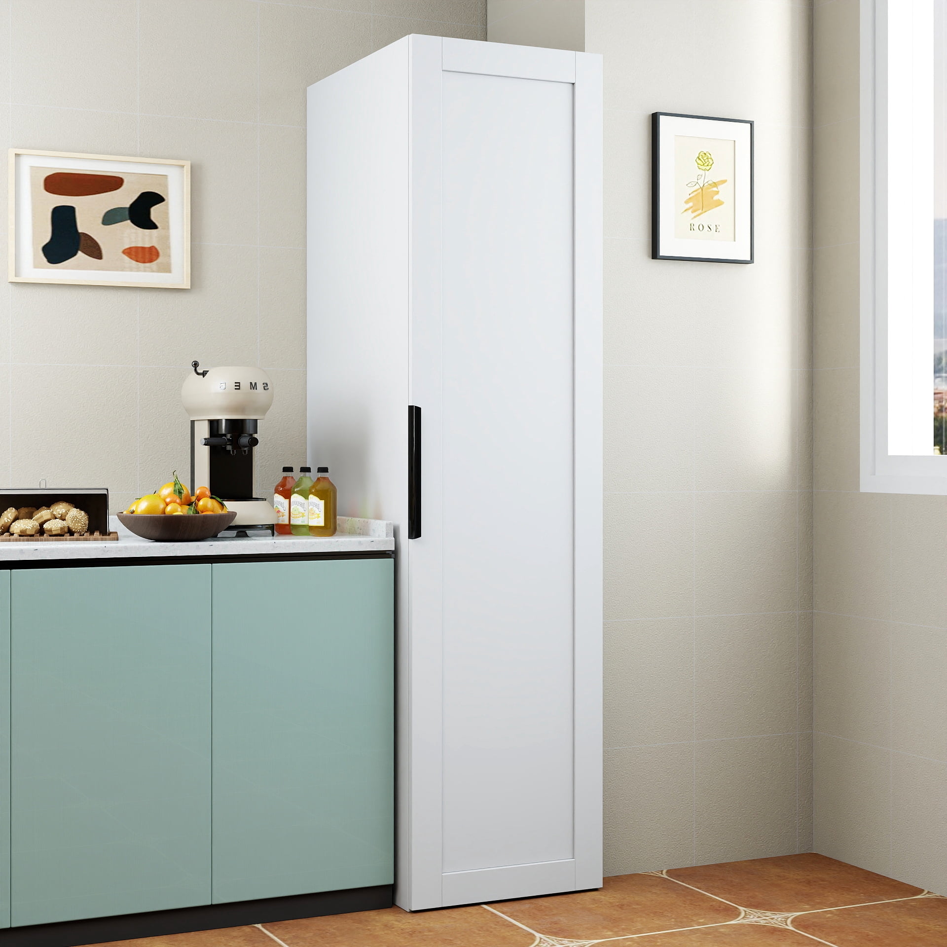 Kitchen Pantry Cabinet Freestanding Buffet Cupboard with Adjustable Shelves Side Racks, White
