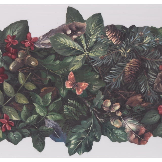 Fleurs Rouge Profond Verdure Plume Papillon Acorn Pin Pomme Floral Papier Peint Frontière Retro Conception, Rouleau 15' x 9"