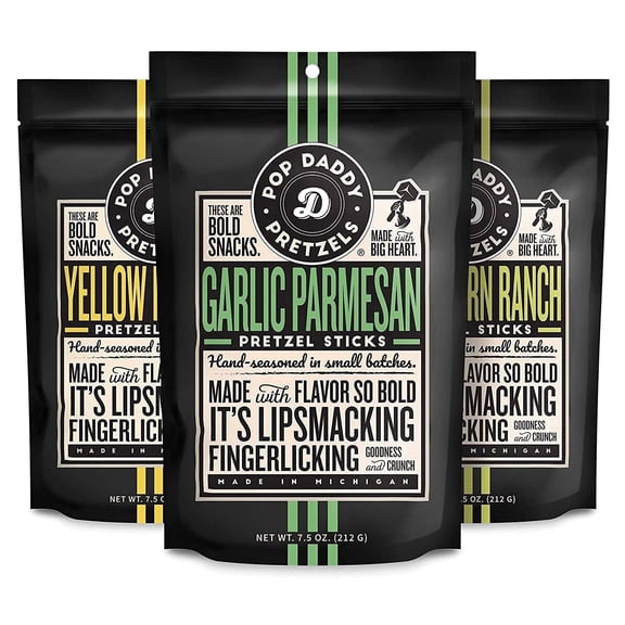 Pop Daddy Flavored Pretzels Sticks, Gourmet Pretzels, 7.5oz Variety Pack, 3 Pack, Garlic Parmesan, Peppercorn Ranch and Yellow Mustard