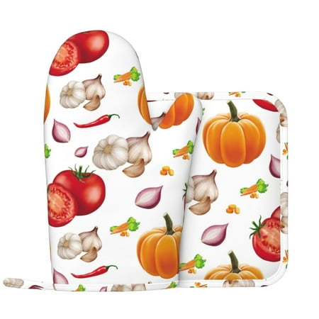 

Oven Mitts and Pot Holders Sets Onion pumpkin garlic Non-Slip Silicone Oven Gloves Potholders Cotton Lining Heat Resistant Gloves Hot Pads for Kitchen Cooking Baking