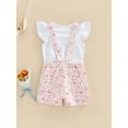 thumbnail image 3 of DcoolMoogl Toddler Baby Girl Overalls Romper Outfit Kids Fly Sleeve Tops T-Shirt + Floral Suspender Pocket Shorts Clothes Set Pink 4-5 Years, 3 of 7