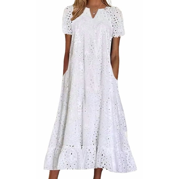 sicmoss Women Summer Ruffle Hem Floral Lace Eyelet Dress Casual Notch Neck Midi Tunic Dress with Pocket