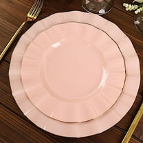Balsa Circle 10 Blush 9" Round Disposable Salad Dinner Plastic Plates Gold Wavy Trim Wedding Party Tableware