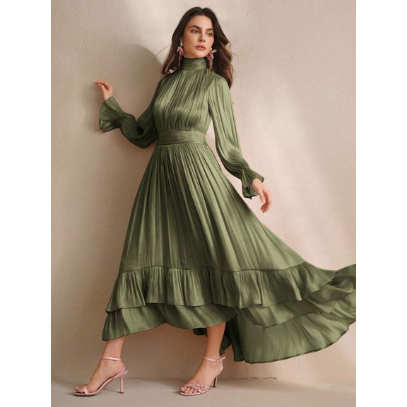 High-Neck Long Sleeve Pleated Ruffle Hem Maxi Dress In Olive Green