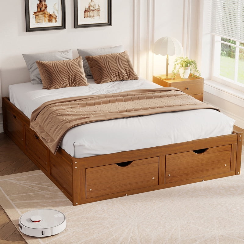 Queen/King Size No Box Spring Required Platform Bed with No Headboard, Wooden Storage Bed Frame with 6 Drawers