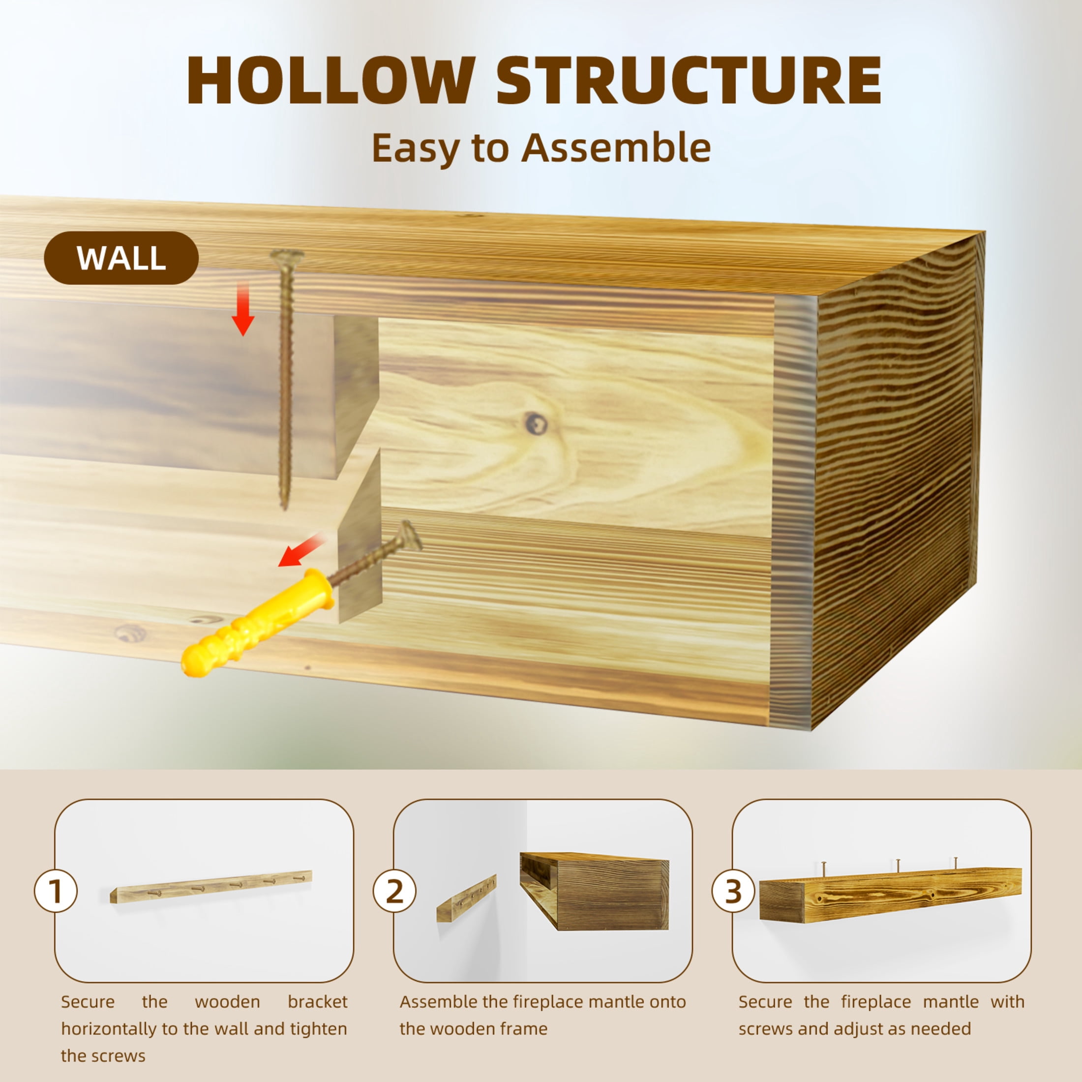 Noble House 60" Fireplace Mantel, Rustic Floating Wood Shelf with Invisible Brackets for Living Room, Caramel