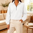 thumbnail image 2 of Qiopertar Womens Crop Tops Half Zip Sweatshirt Long Sleeve Stand Collar Casual Loose Pullover Kangaroo Pocket Fall Winter Workout Top White XL, 2 of 5