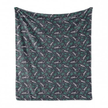Gecko Soft Flannel Fleece Throw Blanket, Hand Drawn Reptiles with Bohemian Motif and Foliage Leaves Pattern, Cozy Plush for Indoor and Outdoor Use, 50" x 70", Dark Blue Grey White, by Ambesonne