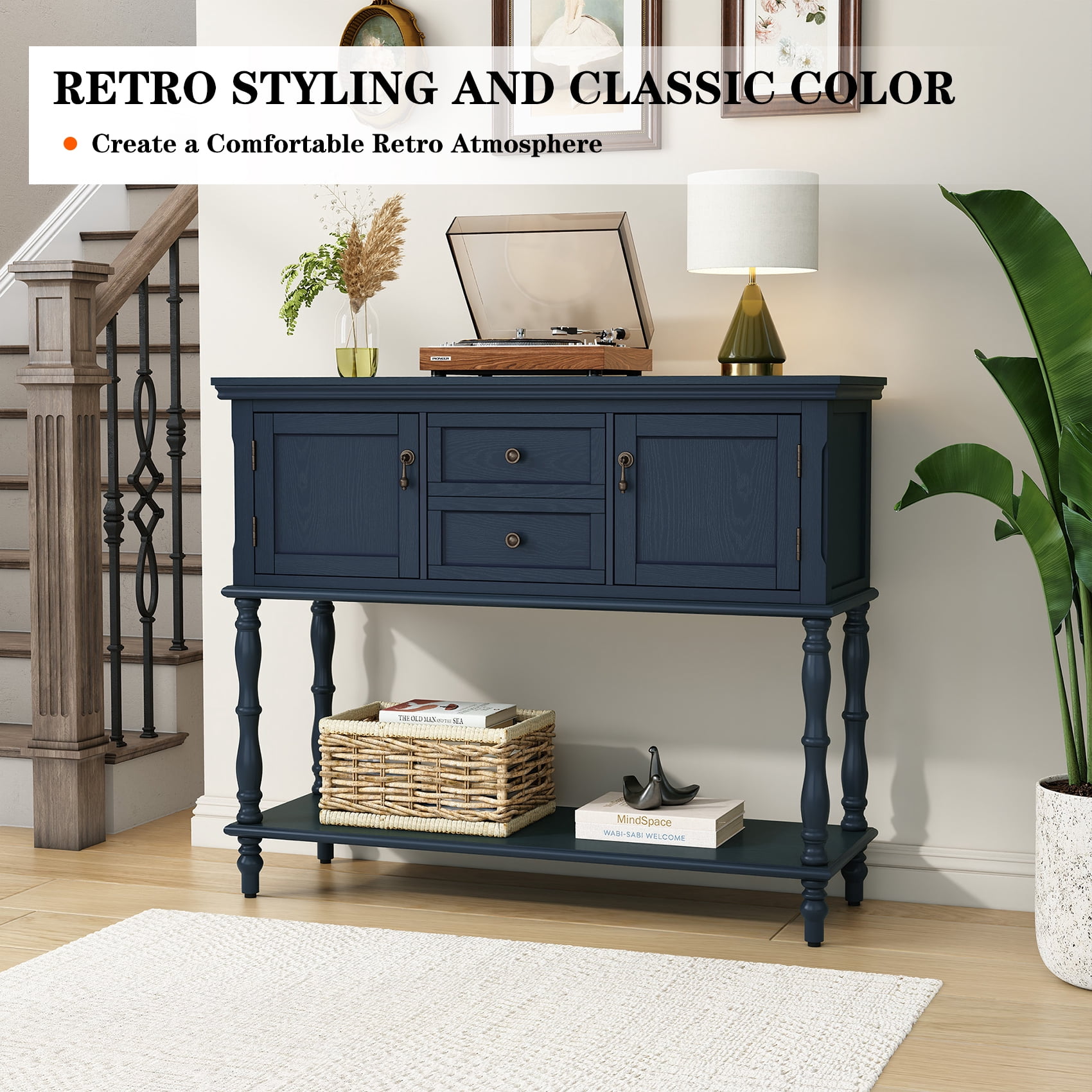 CBJCBJ 42" Farmhouse Console Table , 2 Drawer Narrow Long Entryway Table with Open Storage Shelf , for Living Room, Blue