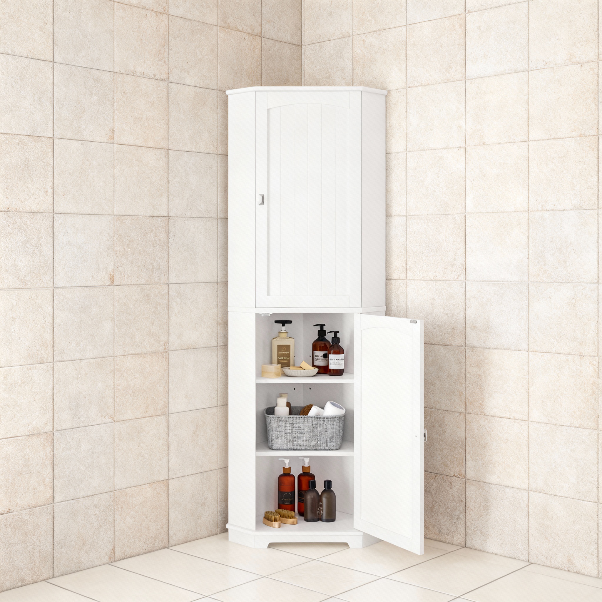 LEDREM Tall Corner Storage Cabinet, 65.5 Inch Farmhouse Organizer with 2 Doors & 4 Adjustable Shelves, Anti-Tip Design for Bathroom Kitchen Living Room, White
