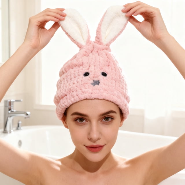 Microfiber Fleece Face Towel Set for Bath and Hair Drying, Rabbit and Coral Pattern, 30x30 cm, Polyester, Lint-Free, White Blue Pink, 1 Pack