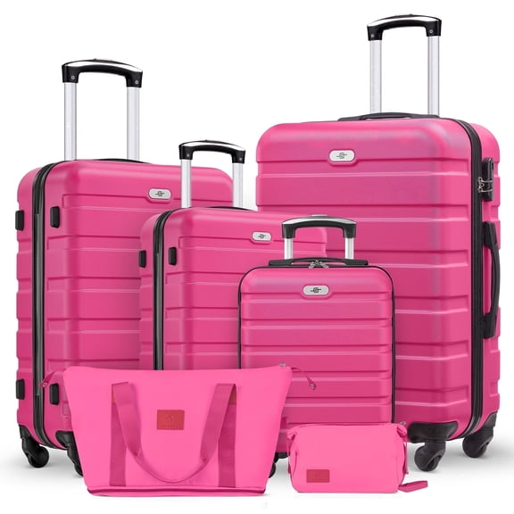 Gowill 6 Piece Luggage Sets,16/20/24/28 inch Hardside Lightweight ABS Suitcase With Expandable Duffle Bag (Rose Red)