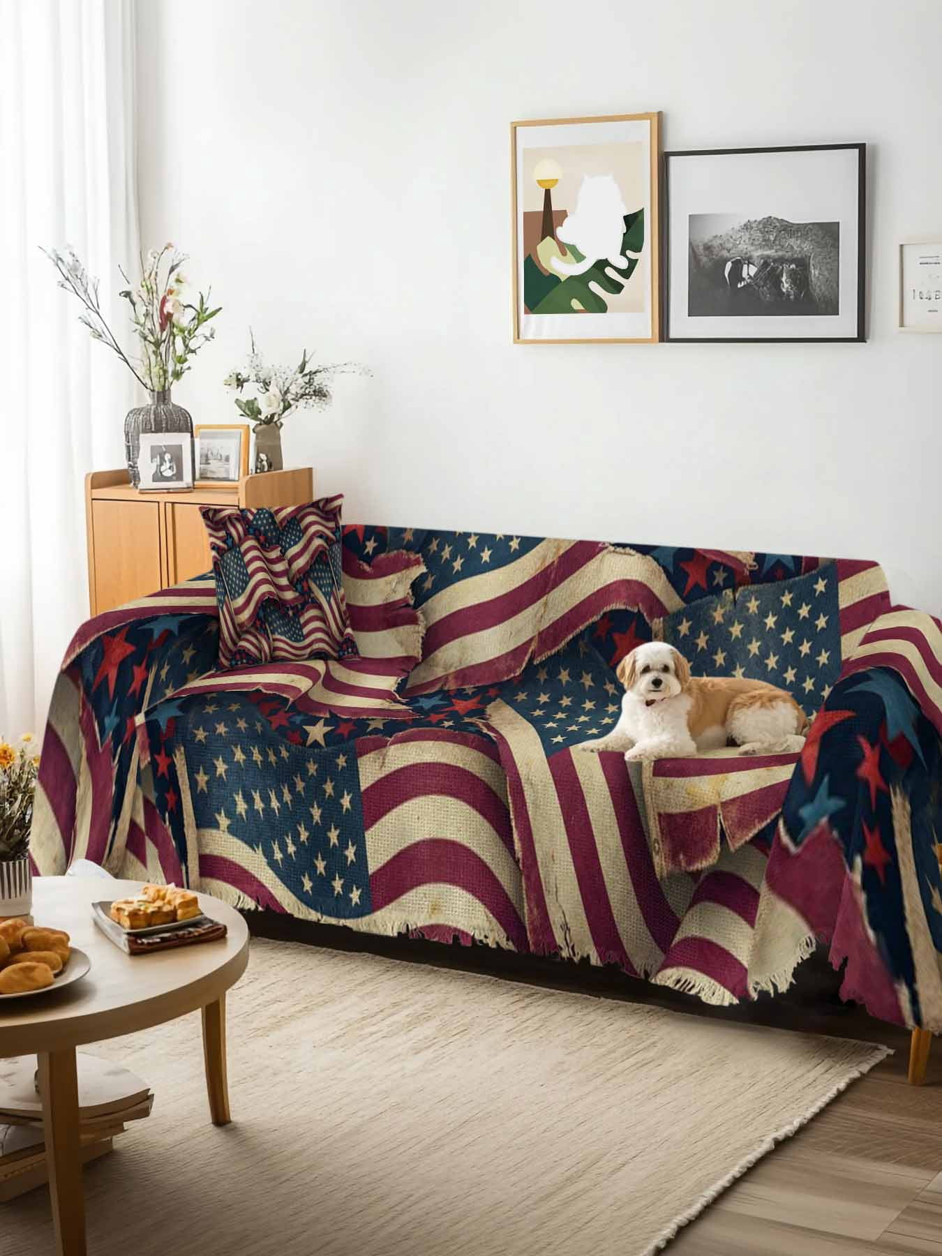 Independence Day Couch Cover, Red Blue USA Flag Retro Patriotic Stars Stripes Sofa Cover Blanket for 3 Cushion Couch, Sectional Sofa Slipcover Furniture Protector for Living Room Bedroom 71''x134''