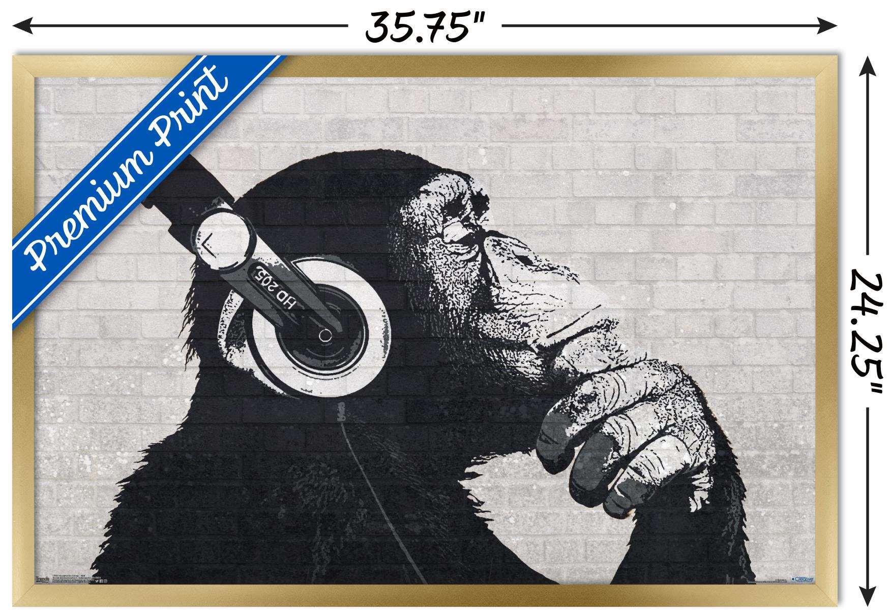 Chimp with Headphones on Wall Wall Poster, 22.375" x 34", Framed