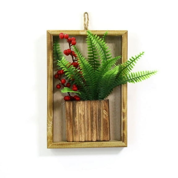 Artificial Flower Arrangement in Wooden Frame, Red Berries and Leaves, Wall Hanging Ornaments for New Year/Christmas/Wedding Decoration,Size: 9.1" x 6.1"
