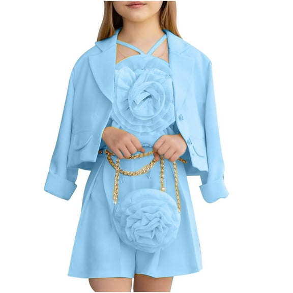 Odeerbi 4-7 Years Toddler Girls Summer Suits Cotton Flower Tops Suit Shorts Blazer Jacket Outfits Solid Color Notched Lapel Suit Jacket Three Piece Set Toddler Girls Clothes
