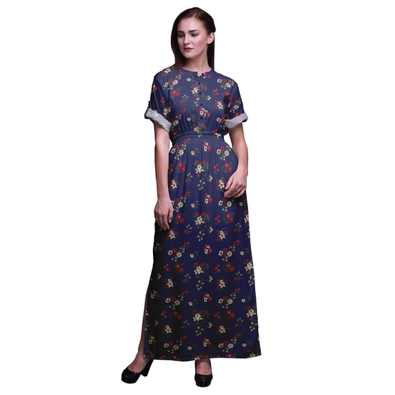 Bimba Rayon Leaves & Clematis Floral Ladies Long Gown Boho Beach Cocktail Party Maxi Slit Dress-Small