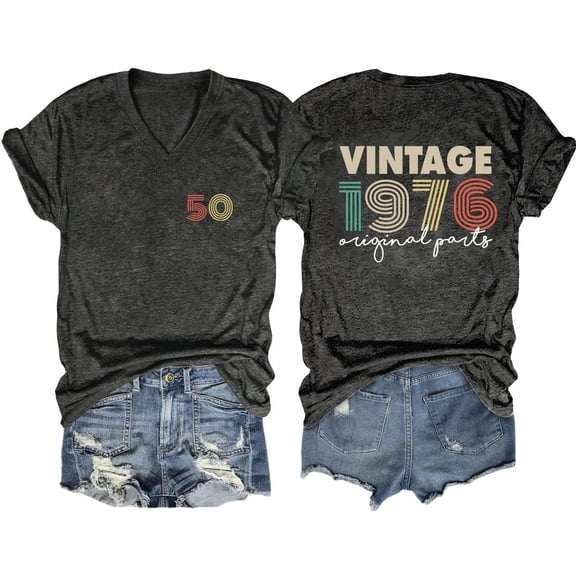 DHFJKG Vintage Short Sleeve T Shirt Women Letter Graphic Tee Loose Fit V Neck Summer Tshirts Casual Daily Wear Versatile Tops
