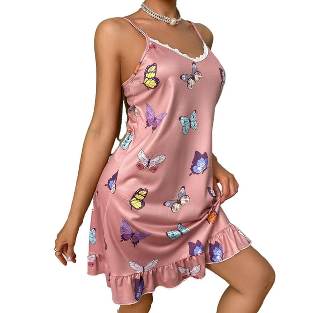 Women Night Dress Lace Trim Floral Print Sleeveless Spaghetti Strap Ruffle Hem Silk Nighty Dress Pink XL