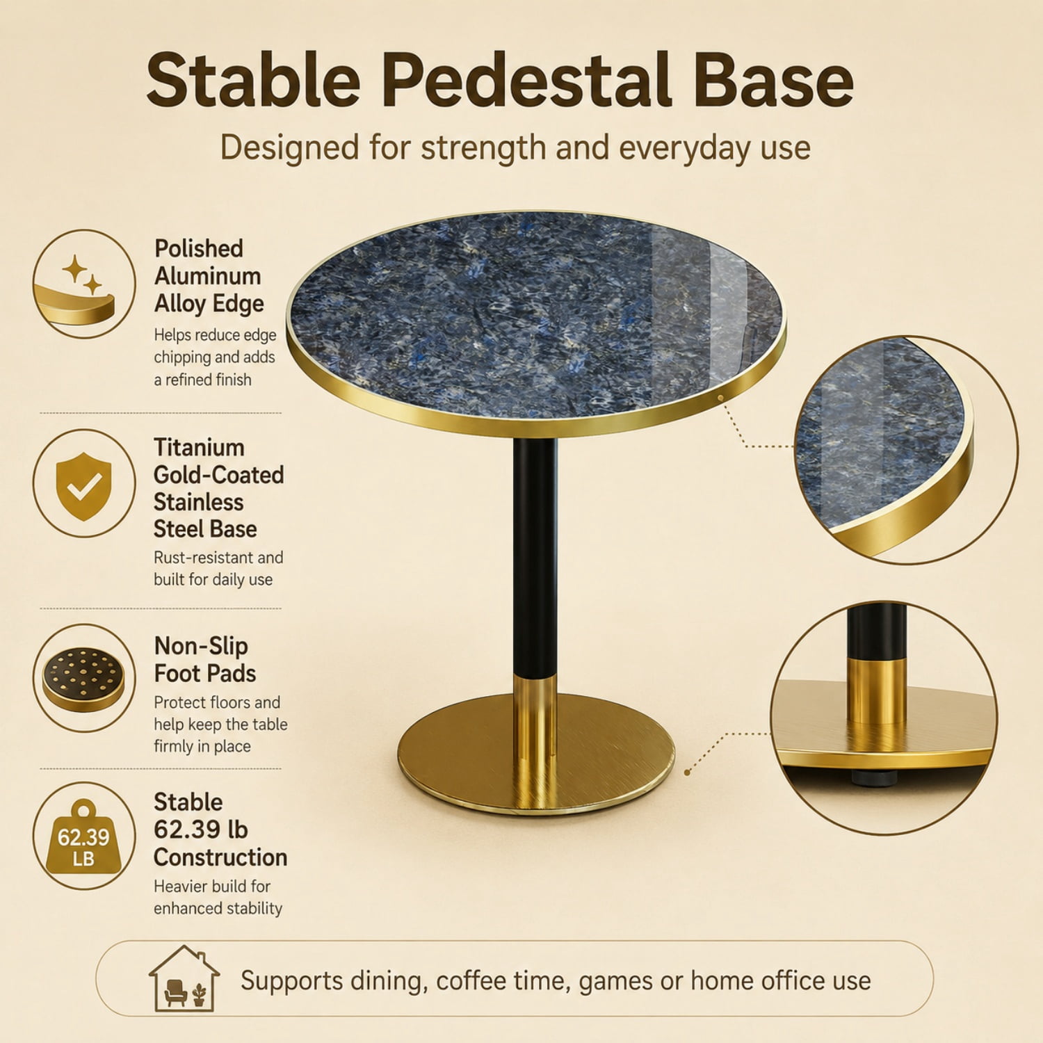 Miniyam 31.5 Inch Round Dining Table for 2 to 4, Sintered Stone Top, Tulip-Style Pedestal Kitchen Table, Blue