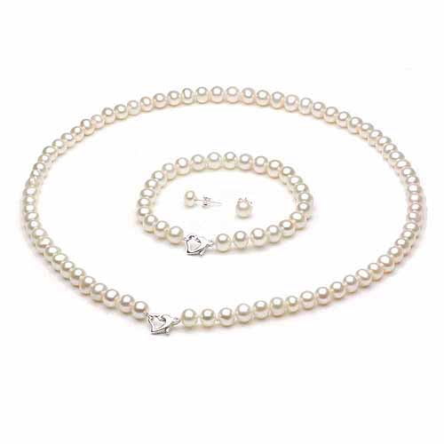10-11mm White Freshwater Pearl Heart-Shape Sterling Silver Necklace (18"), Bracelet (7") Set with Bonus Pearl... by Jacqueline's Collection