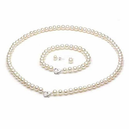 10-11mm White Freshwater Pearl Heart-Shape Sterling Silver Necklace (18), Bracelet (7) Set with Bonus Pearl Stud Earrings