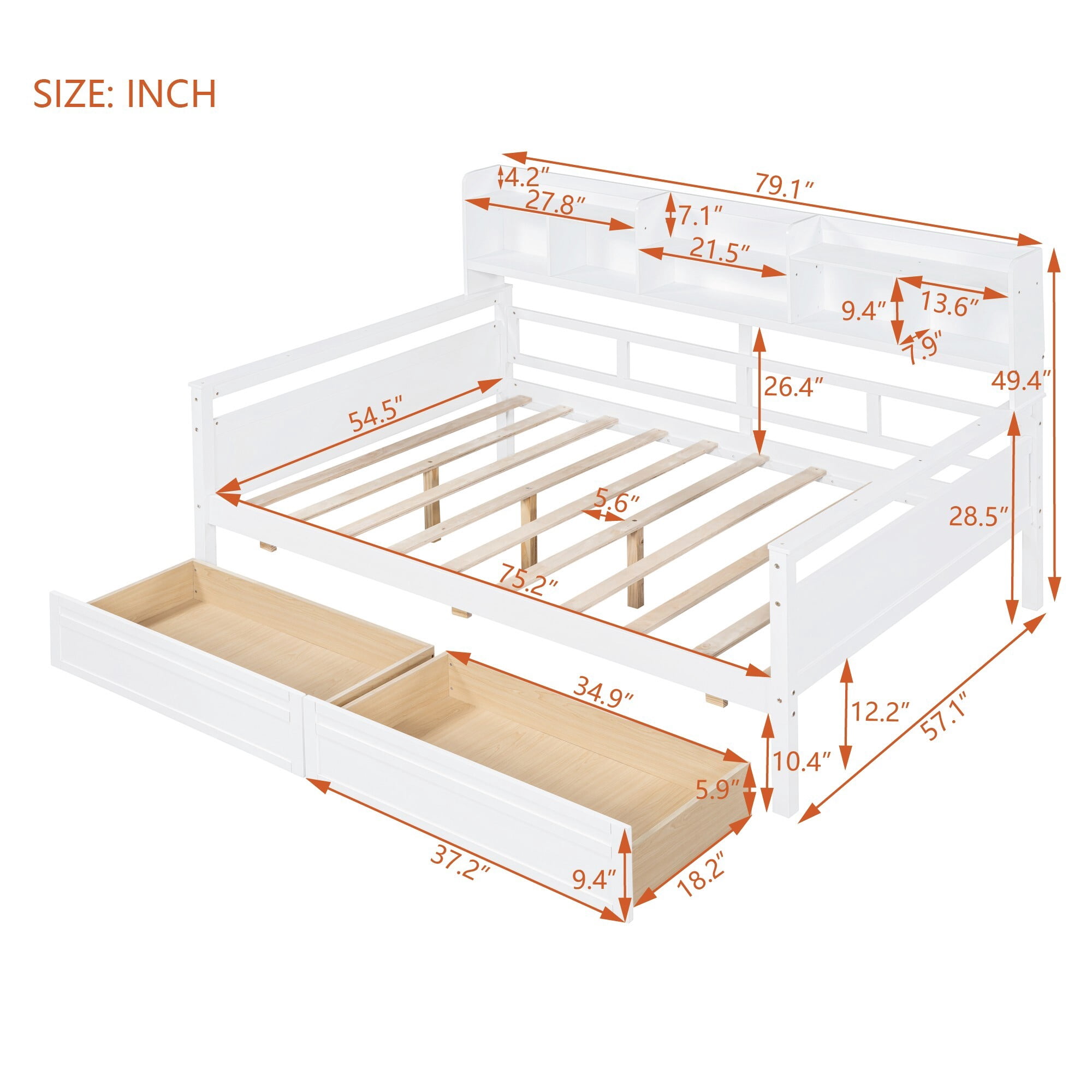 AENKYO Full Size Wooden Daybed Bed Frame with 2 Storage Drawers and Headboard Shelf, Solid Wood Sofa Bed, White