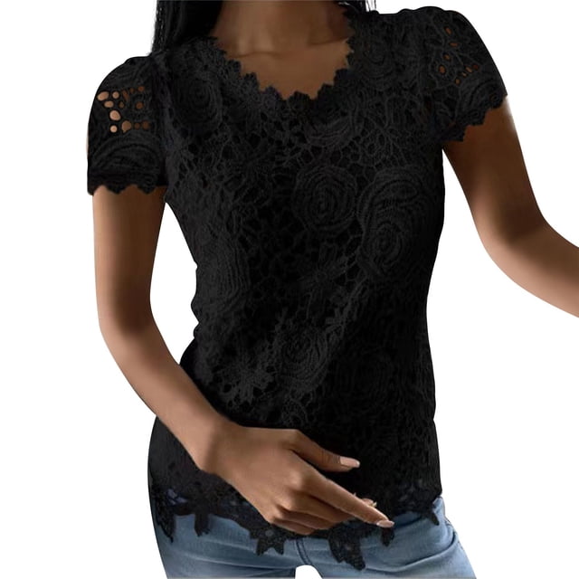 Gibobby Blusas Casual Top de encaje para mujer, cuello redondo de ganchillo, manga corta, de verano, camiseta suelta, camiseta informal(Negro, M)
