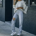 thumbnail image 6 of Women Irregular Waist Casual Ripped Straight High Waisted Straight Leg Bottom Jeans Pants Light Blue M, 6 of 9