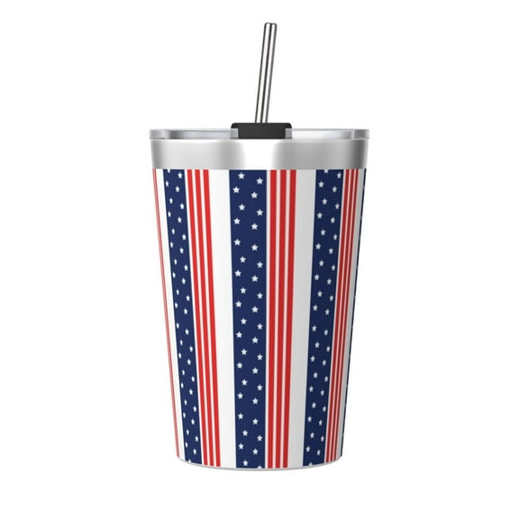 PAYOHTO USA Flag Blue Style Insulated Stainless Steel Tumbler 12 oz Thermos Come with Straw Kids Leak-Proof Travel Mug Cup