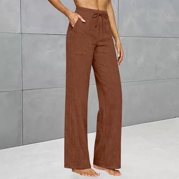 Cagogo Women's Plus Size Wide Leg High Waisted Trousers with Pockets Casual Loose Long Pants Beach Work Lounge Trousers Fashion Beachwear Clothes, Coffee M