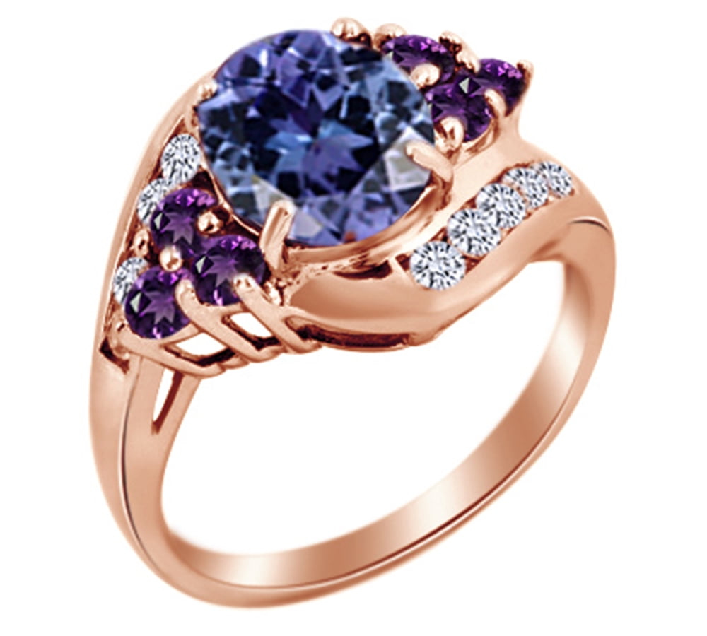 Simulated Tanzanite, Amethyst & White Topaz Wedding Ring in 14k Rose Gold Over Sterling Silver Ring Size 4 by Jewel Zone US