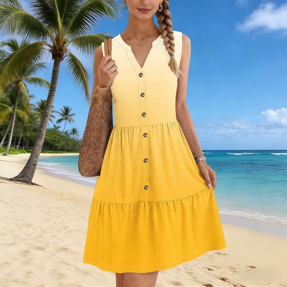 TaTaai Women's Spring Summer Print Dress V-Neck Sleeveless Button Front Solid Color Loose Casual Midi Long Dress for Daily Home Beach Wear Gift
