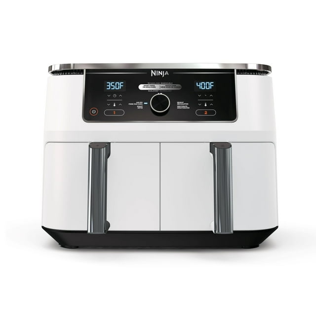 White Ninja Foodi 4-in-1 10 Qt. XL air fryer with two baskets and dual zone technology, featuring a digital display set to 350F and 400F.