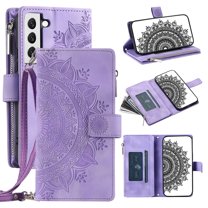Feishell Zipper Wallet Case for Samsung Galaxy S21,for Women Men,Stylish Embossed Pattern PU Leather Multi Card Slots Magnetic Clasp Flip Kickstand Crossbody Phone Case with Shoulder Strap,Purple