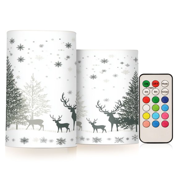 2 PCS Flameless Candles with Remote Timer LED Battery Operated Flickering Candle Light for Wedding Table Home Decoration Gifts Christmas Forest