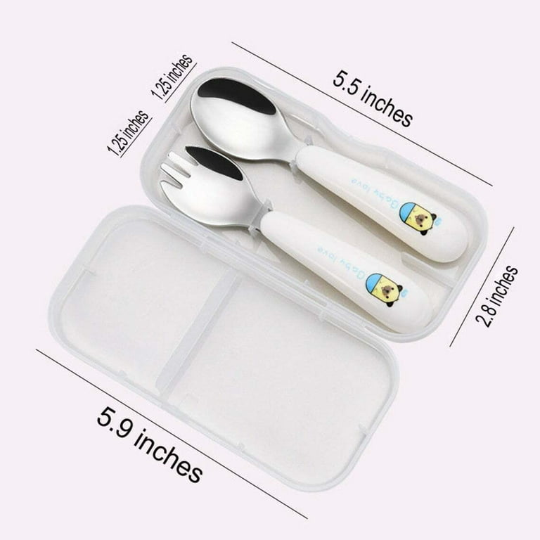 Baby Toddler Dining Stainless Steel Spoon & Fork Travel Set Plastic Carry  Case White