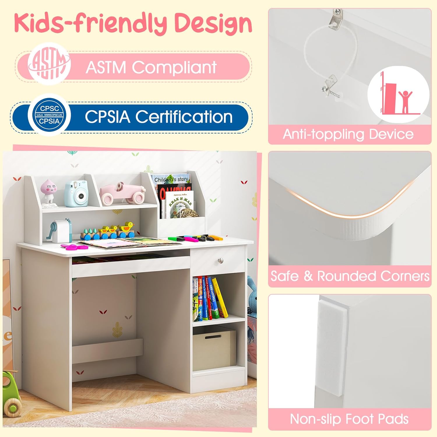 Kids Study Desk, Children Wooden Writing Table with Hutch, Bookshelf, Drawer, Keyboard Tray, Storage Shelves, White Student Computer Desk Workstation for Home School Use, Gift for Boys Girls
