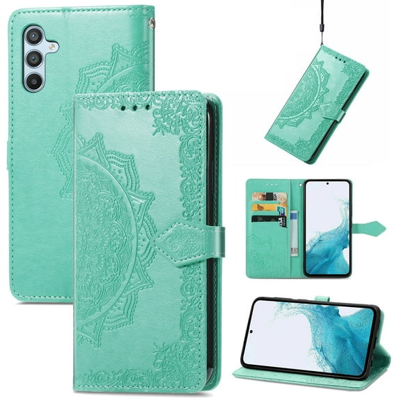 SaniMore for Samsung Galaxy A54 5G 2023 Wallet Case with Embossed Mandala PU Leather Flip Protection Wrist Strap Credit Card Holder Pocket Kickstand Shockproof Case or Samsung Galaxy A54 5G, Green