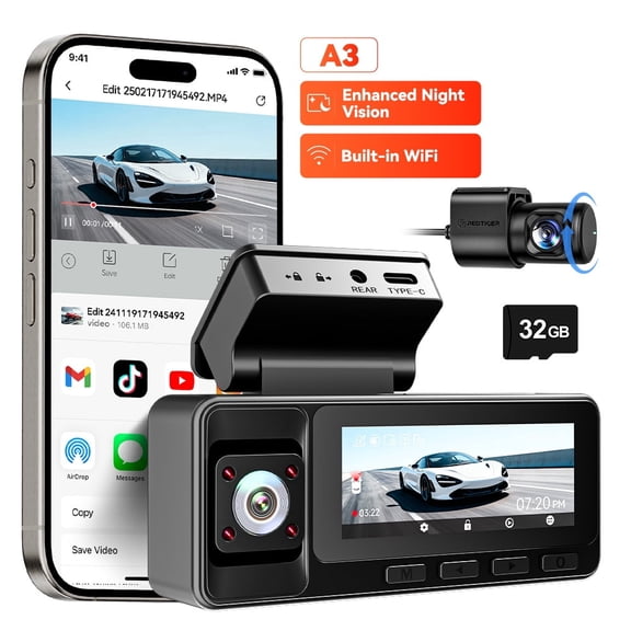 REDTIGER A3 Dash Camera,  3 Channel, 2.5K Front   1080P Dash Cam Front and Rear and Inside, Free 32GB Card, WiFi Car Security Camera, WDR Night Vision, 24H Parking Monitor